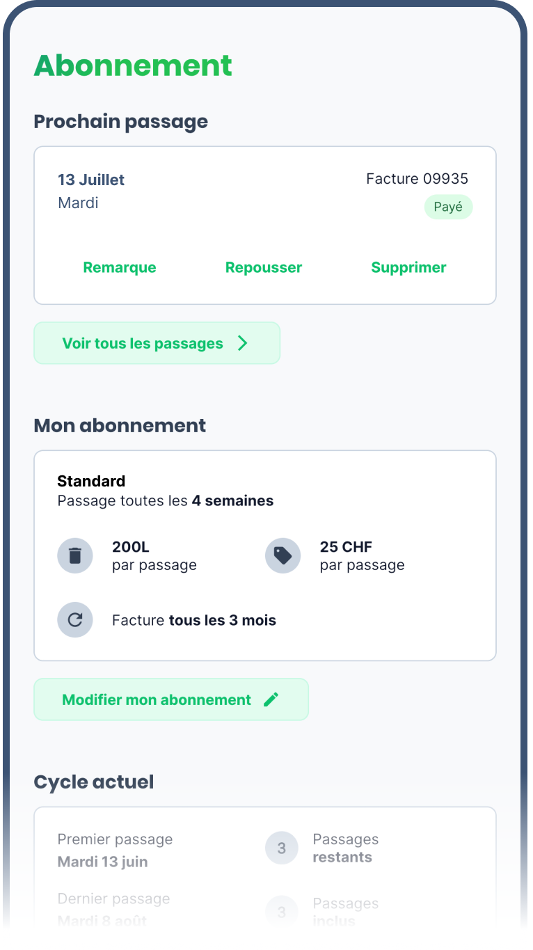 Interface de l'application Oust montrant la gestion des abonnements de collecte de déchets